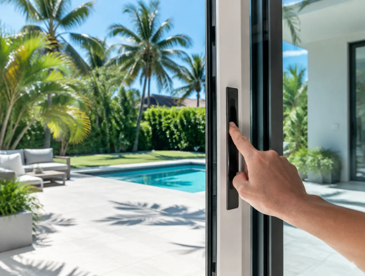 Homeowner sliding a patio door open with one finger